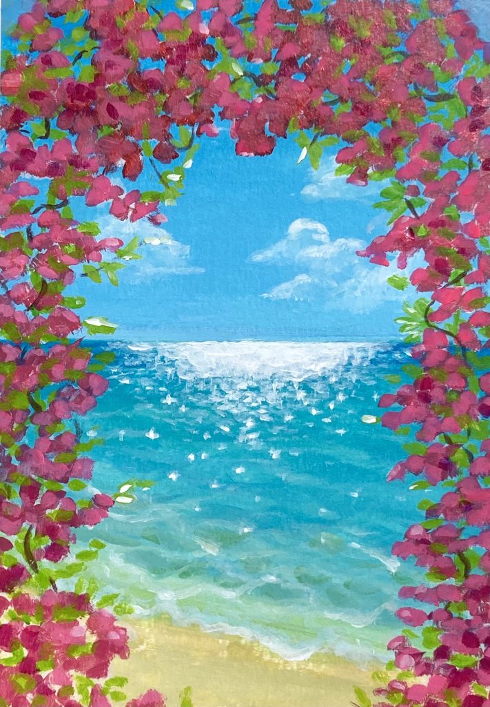 ブーゲンビリアが咲く海の描き方
海の絵
花の絵
風景画
アクリル絵の具
