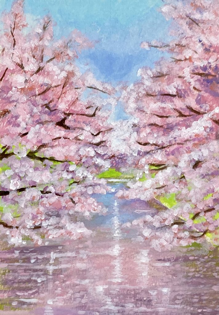 柔らかな水辺の桜の描き方
桜の絵
桜のある風景画
桜の風景
春の風景画
春の絵
ピンクの花の絵
アクリル絵の具
絵画