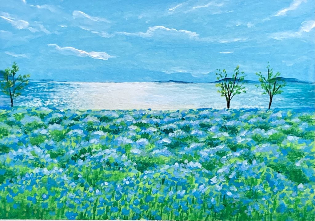 輝く海とネモフィラ畑の描き方
アクリル絵の具
ネモフィラの絵
青い花の絵
アクリル絵の具
