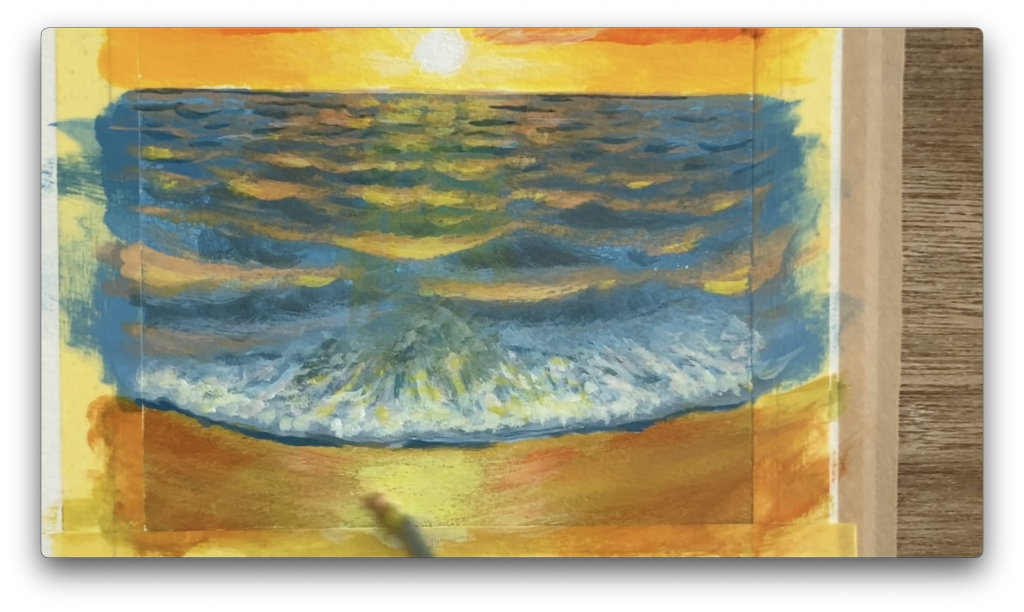 アクリル画【茂み越しの空】【夕焼け空】 アクリル絵の具で夕焼けの海の描き方&frasl;初心者のための簡単なアクリル画&frasl;Step by step